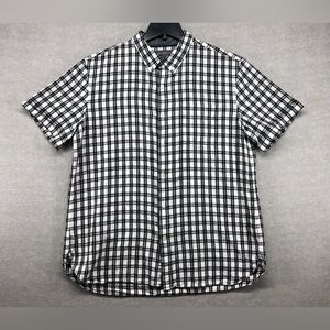 LL Bean Signature Slim Fit Linen Short Sleeve Shirt Men Size L Black/White Plaid